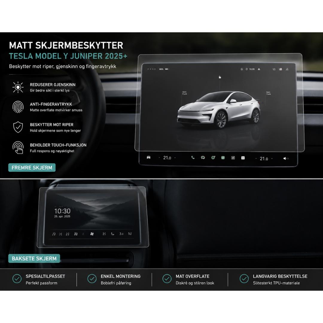 Alt-tekst: Matt skjermfolie på Tesla Model Y Juniper som reduserer gjenskinn og fingeravtrykk
