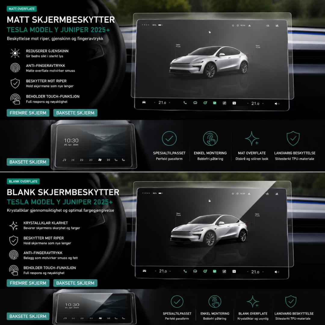 Matt skjermbeskytter montert på fremre og bakre skjerm i Tesla Model Y Juniper 2025+