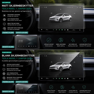 Matt skjermbeskytter montert på fremre og bakre skjerm i Tesla Model Y Juniper 2025+